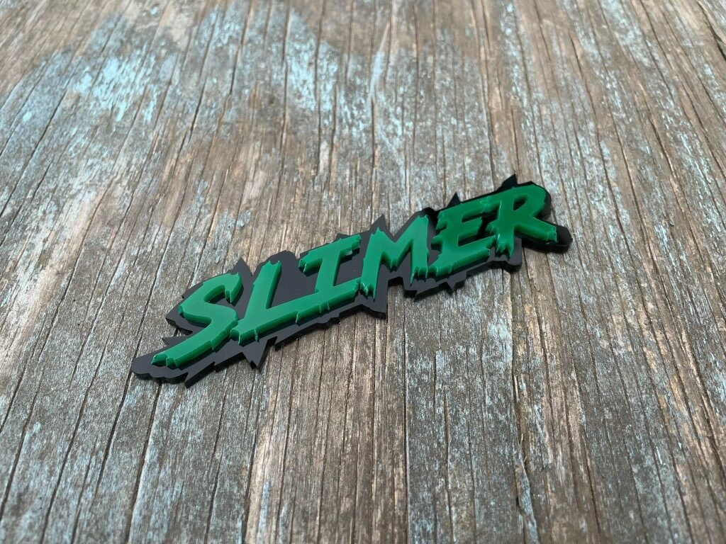 Slimer Car Badge - Green On Gloss Black - Lightning Font - Atomic Car Concepts