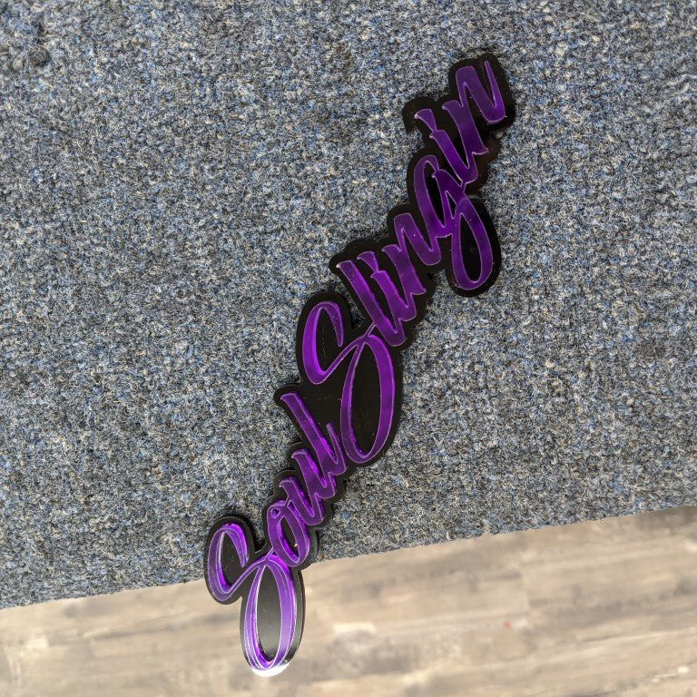 Soul Slingin Car Badge - Mirror Purple On Gloss Black - Script Font - Atomic Car Concepts