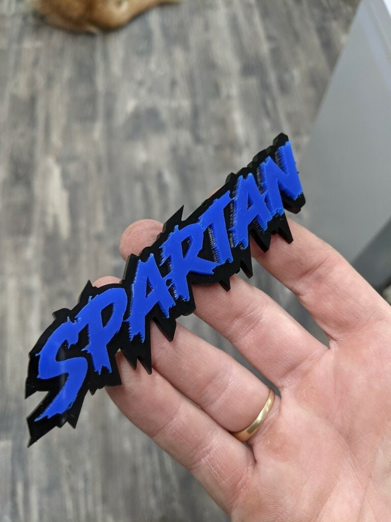 Spartan Car Badge - Blue On Gloss Black - Lightning Font - Atomic Car Concepts