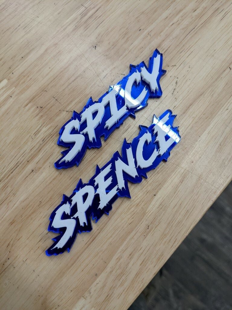 Spicy Spence Car Badge - White On Mirror Blue - Lightning Font - Atomic Car Concepts