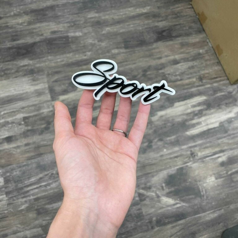 Sport Car Badge - Gloss Black On White - Script Font - Atomic Car Concepts