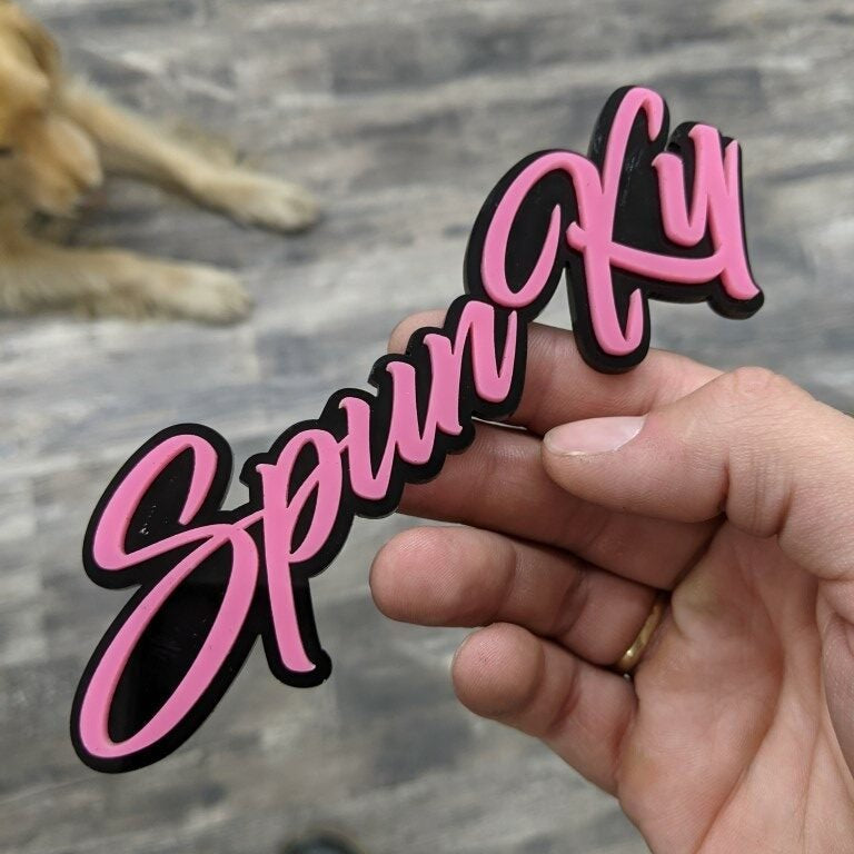 Spunky Car Badge - Pink On Gloss Black - Script Font - Atomic Car Concepts