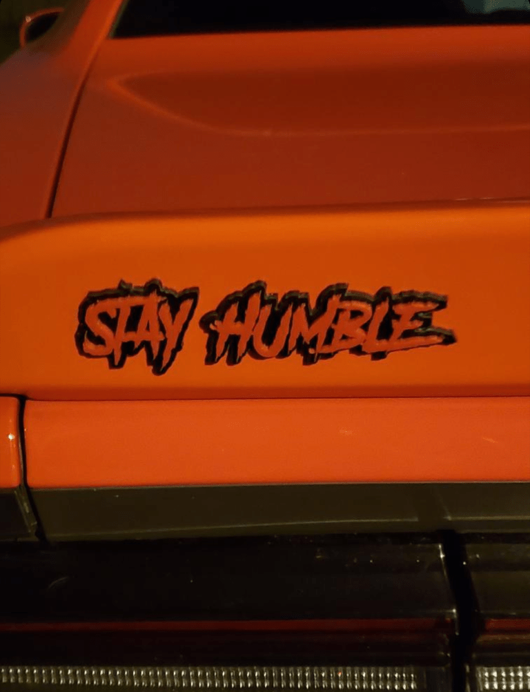 Stay Humble Car Badge - Red on Gloss Black - Aggressive Font - Atomic Car Concepts