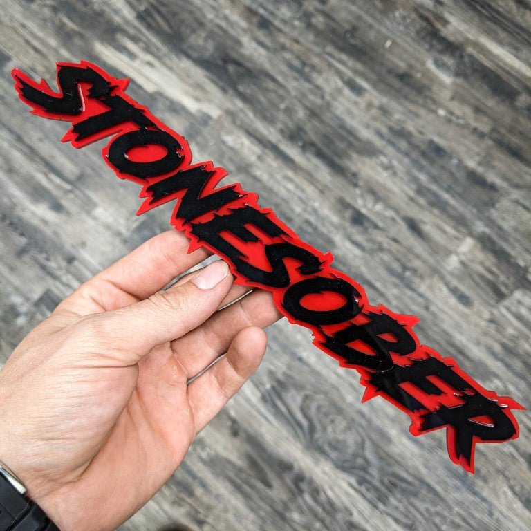 Stonestober Car Badge - Gloss Black on Red - Lightning Font - Tape Mounting - Atomic Car Concepts