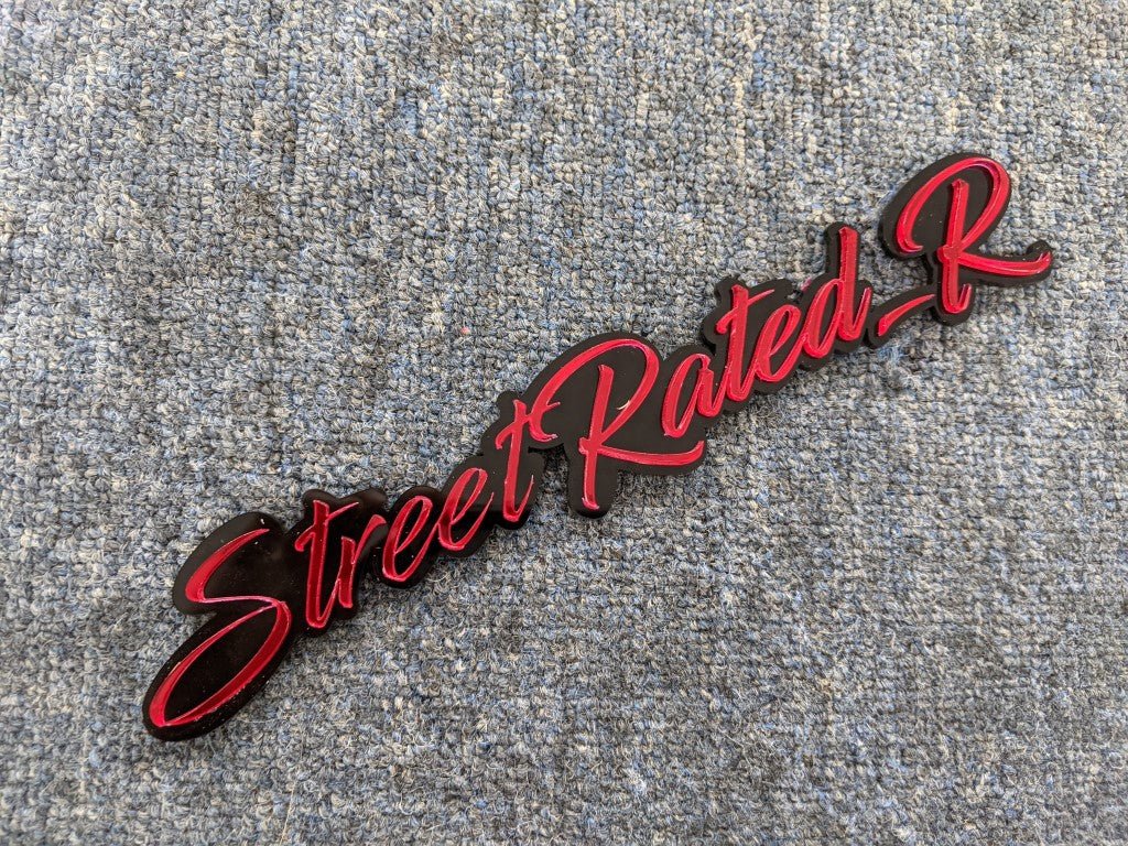 Street Rated_R Car Badge - Mirror Red On Gloss Black - Script Font - Atomic Car Concepts