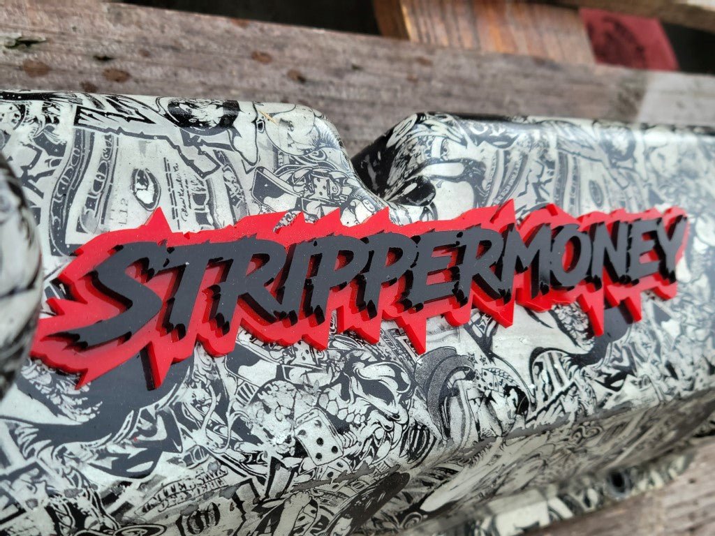 Stripper Money Car Badge - Matte Black On Red - Lightning Font - Atomic Car Concepts