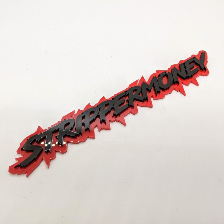 Strippermoney Car Badge - Gloss Black on Red - Lightning Font - Tape Mounting - Atomic Car Concepts