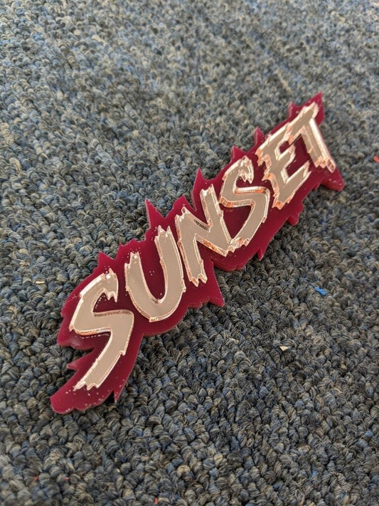 Sunset Car Badge - Mirror Gold On Red - Lightning Font - Atomic Car Concepts