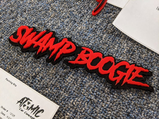 Swamp Boogie Car Badge - Red on Gloss Black - Aggressive Font- Tape Mounting - Atomic Car Concepts