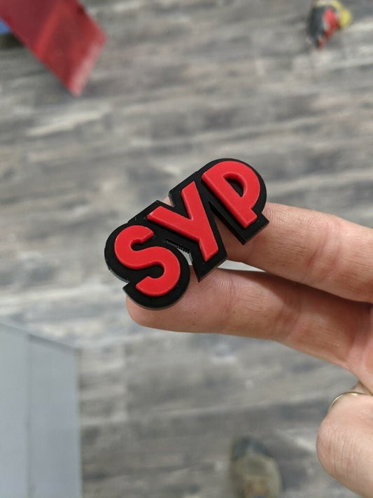 SYP Car Badge - Red On Gloss Black - Block Font - Atomic Car Concepts