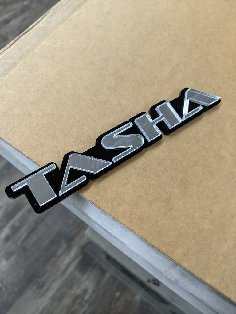 Tasha Car Badge - Mirror Silver On Gloss Black - OEM Font - Atomic Car Concepts