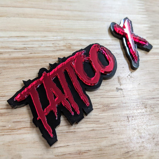 Tattoo X Car Badge - Mirror Red on Gloss Black - Aggressive Font - Tape Mounting - Atomic Car Concepts