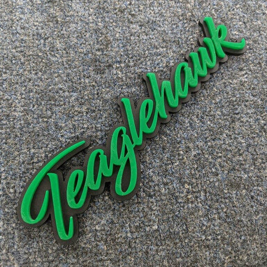 Teaglehawk Car Badge - Green On Matte Black - Script Font - Atomic Car Concepts