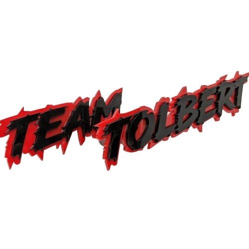 Team Tolbert Car Badge - Gloss Black on Red - Lightning Font - Atomic Car Concepts