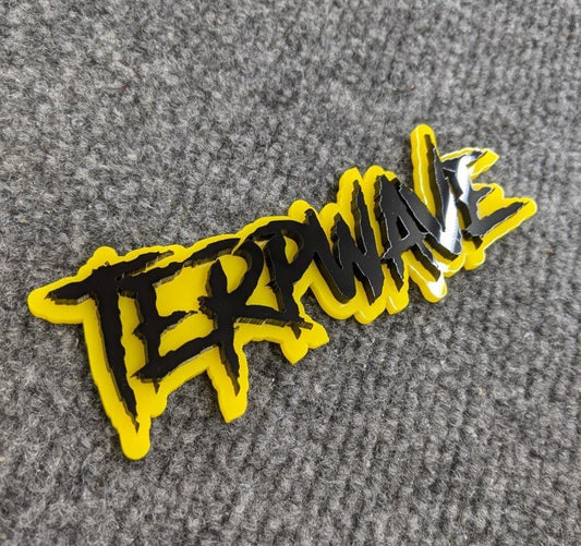 Terpwave Car Badge - Gloss Black on Yellow - Aggressive Font - Tape Mounting - Atomic Car Concepts