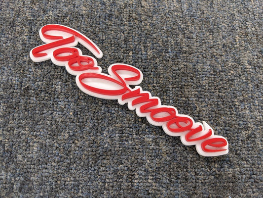 Too Smoove Car Badge - Red on White - Script Font - Tape Mounting - Atomic Car Concepts