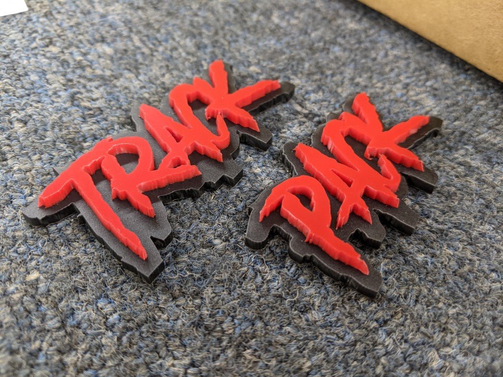 Track Pack Car Badge - Red On Matte Black - Aggressive Font - Atomic Car Concepts