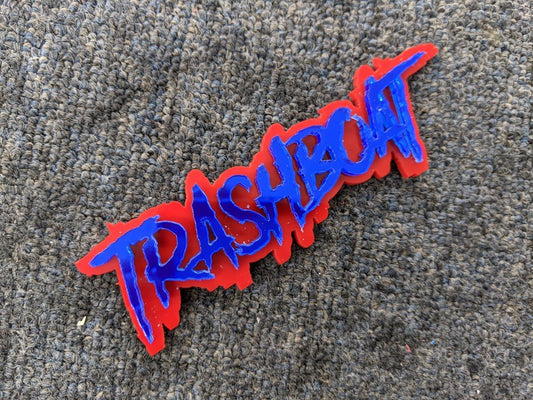 Trashboat Car Badge - Mirror Blue On Red - Aggressive Font - Atomic Car Concepts