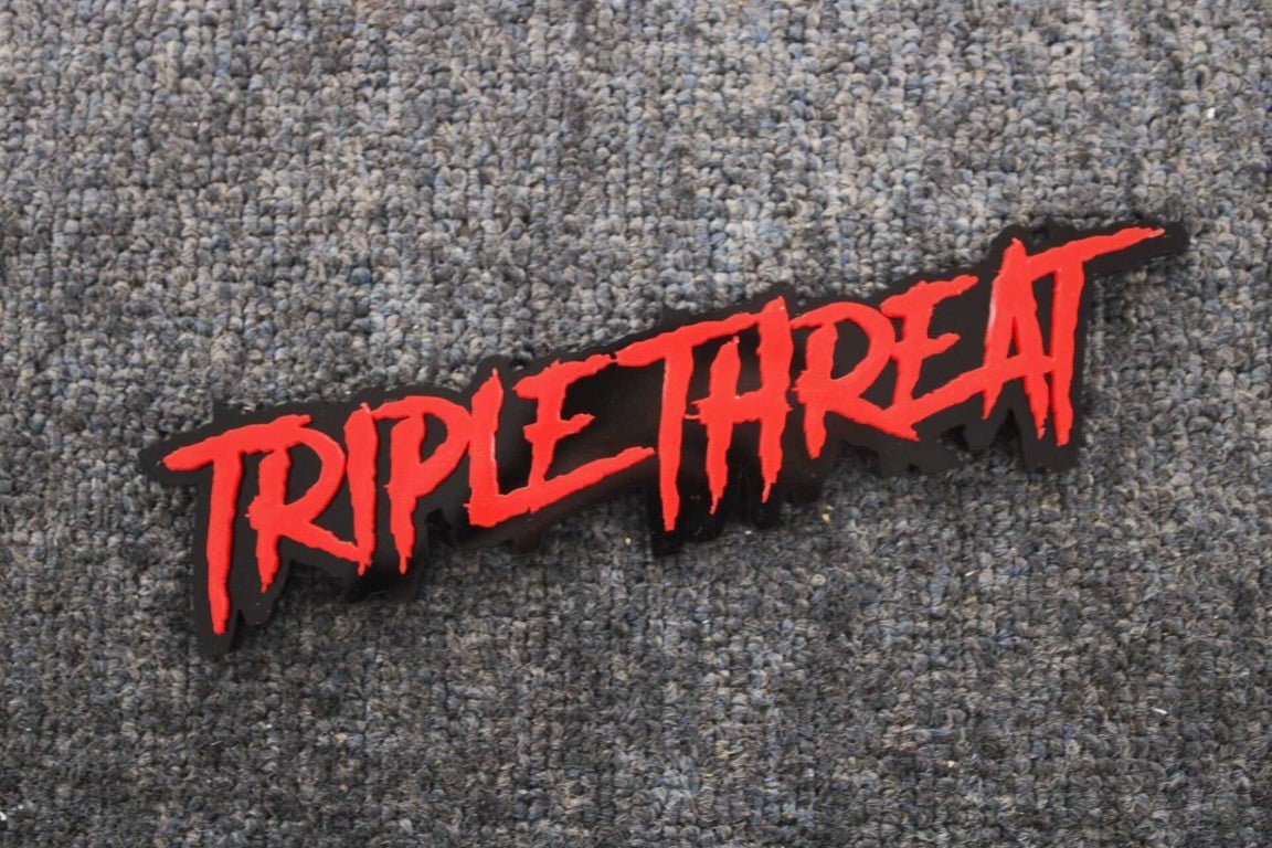 Triple Threat Car Badge - Red On Gloss Black - Aggressive Font - Atomic Car Concepts