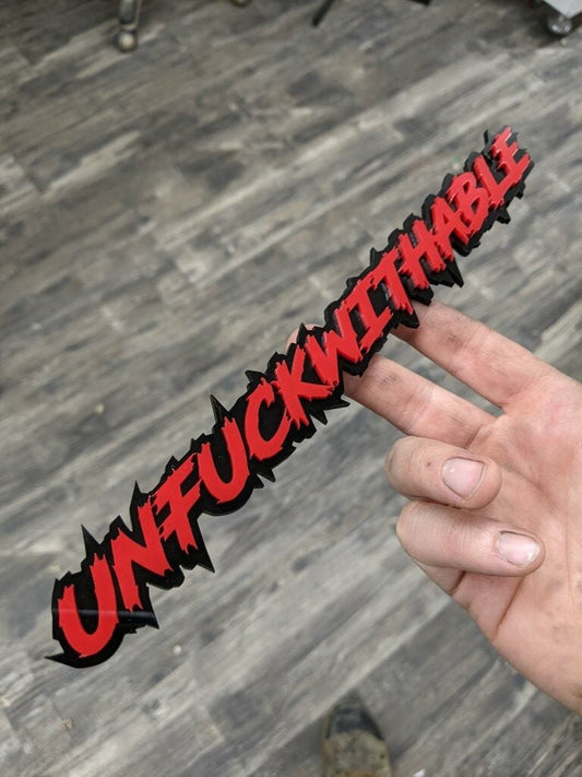 Unfuckwithable Car Badge - Red On Gloss Black - Lightning Font - Atomic Car Concepts