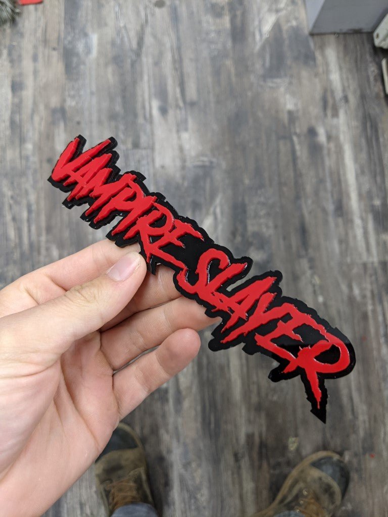 Vampire Slayre Car Badge - Red On Gloss Black - Aggressive Font - Atomic Car Concepts