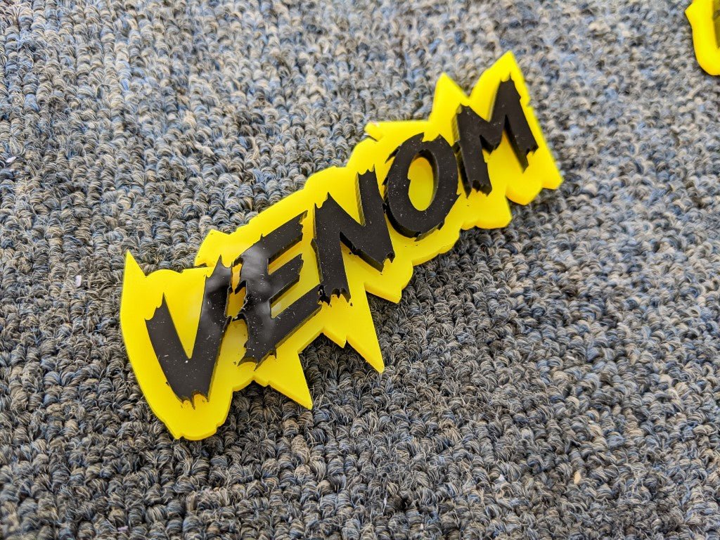 Venom Car Badge - Gloss Black on Yellow - Lightning Font - Tape Mounting - Atomic Car Concepts