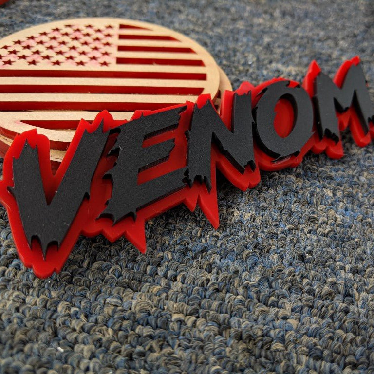 Venom Car Badge - Matte Black on Red - Lightning Font - Tape Mounting - Atomic Car Concepts