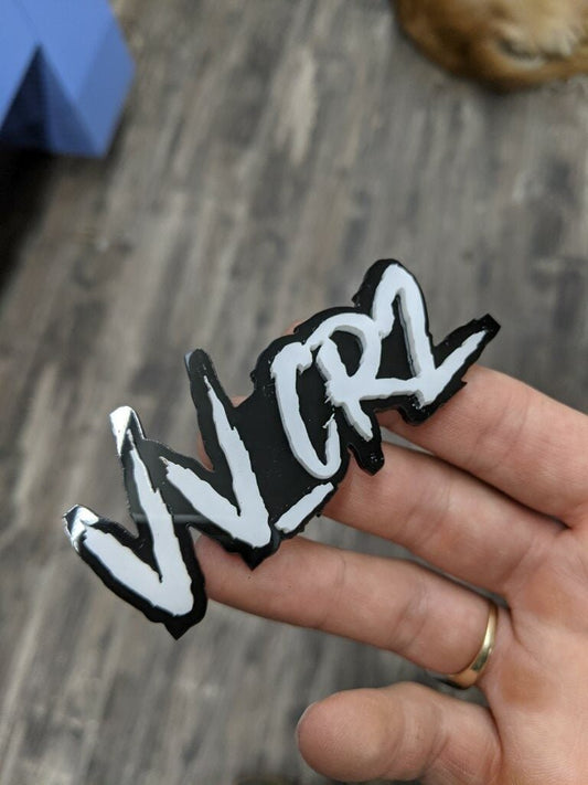 VV_CR2 Car Badge - White On Gloss Black - Aggressive Font - Atomic Car Concepts