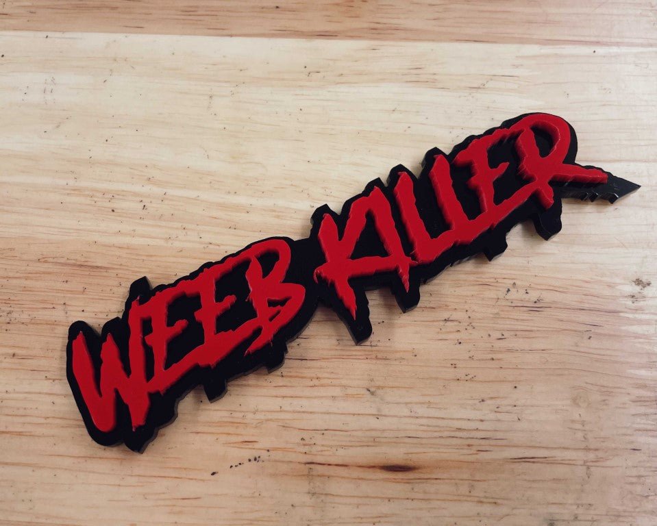 Weeb Killer Car Badge - Red On Gloss Black - Aggressive Font - Atomic Car Concepts