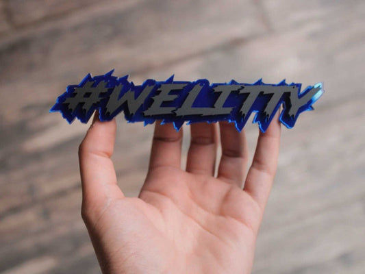 #Welitty Car Badge - Matte Black On Mirror Blue - Lightning Font - Atomic Car Concepts