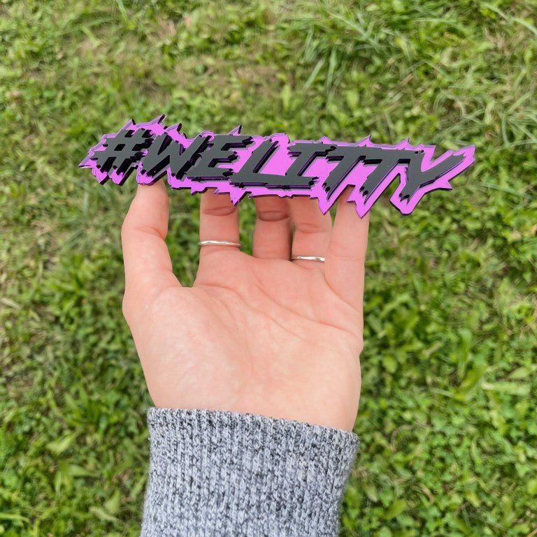 #WeLitty Car Badge - Matte Black On Pink - Lightning Font - Atomic Car Concepts