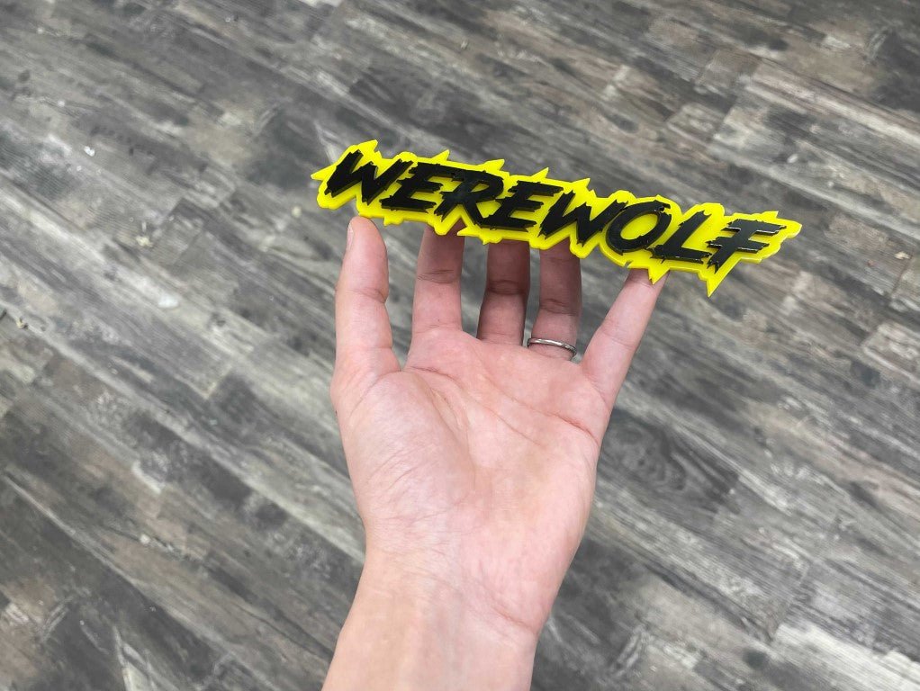 Werewolf Car Badge - Gloss Black On Yellow - Lightning Font - Atomic Car Concepts