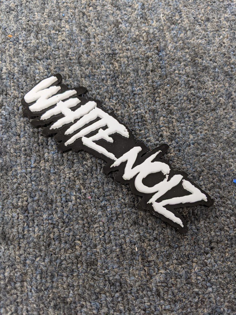 White Noiz Car Badge - White On Gloss Black -Aggressive Font - Atomic Car Concepts