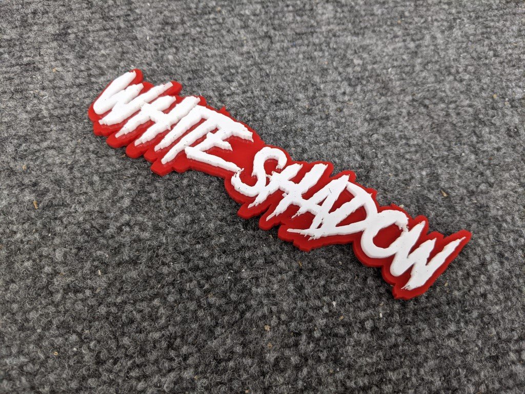 White Shadow Car Badge - White on Red - Aggressive Font - Atomic Car Concepts