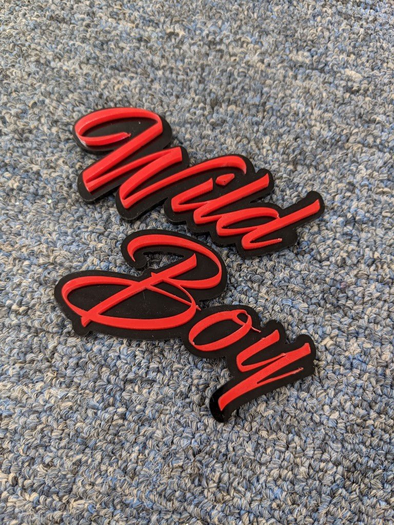 Wild Boy Car Badge - Red On Gloss Black - Script Font - Atomic Car Concepts