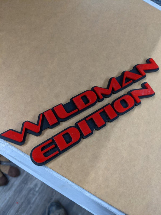 Wildman Edition Car Badge - Red On Matte Black - OEM Font - Atomic Car Concepts