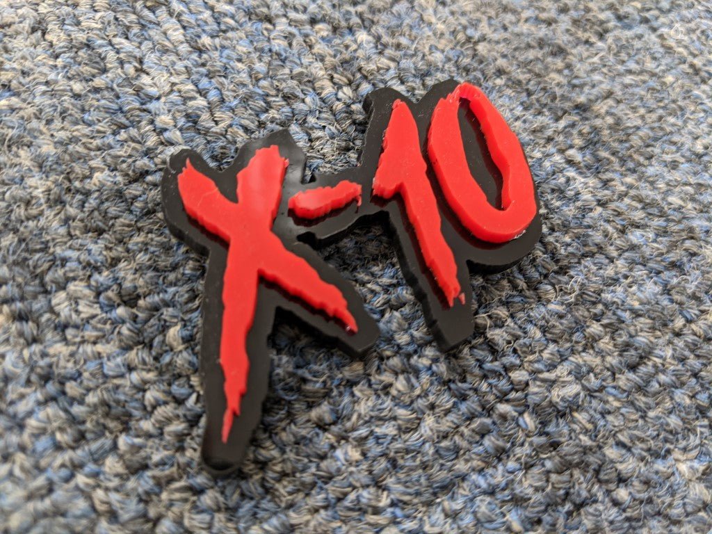 X-10 Car Badge - Red On Gloss Black - Aggressive Font - Atomic Car Concepts