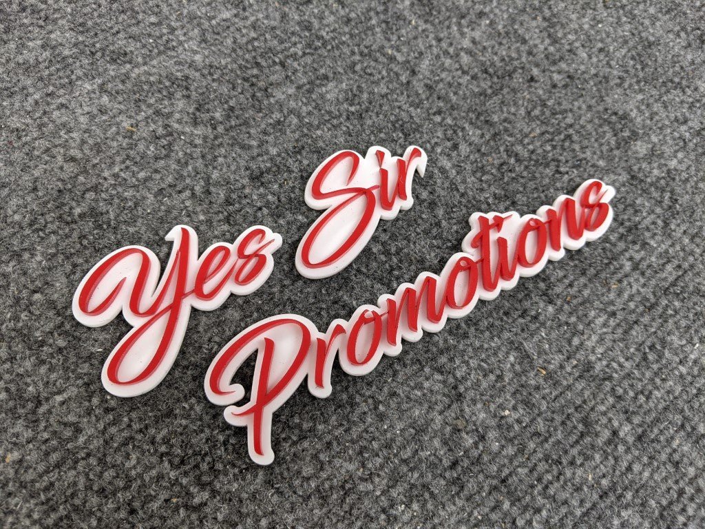 Yes Sir Promotions Car Badge - Red on White - Script Font - Atomic Car Concepts